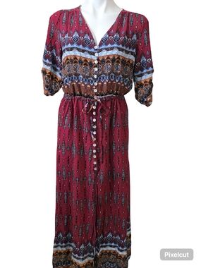 Rayon Boho Button-Front Maxi Dress in Deep Red